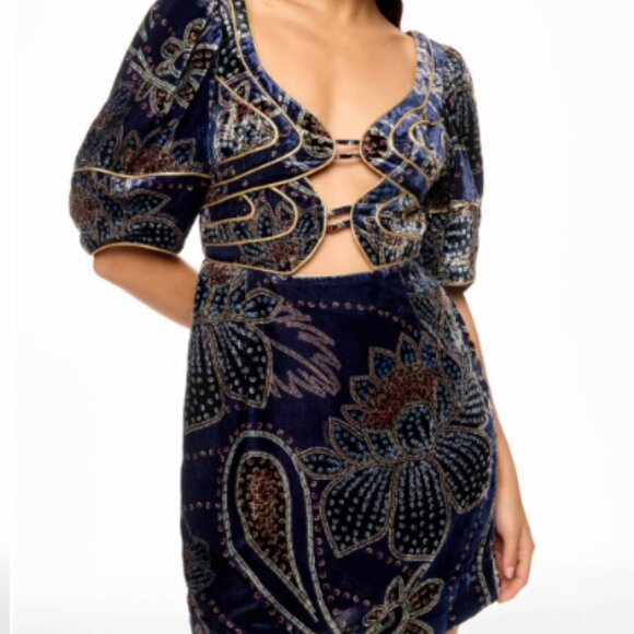blue floral glam scarf velvet mini dress Floral Glam Scarf Velvet Mini Dress
